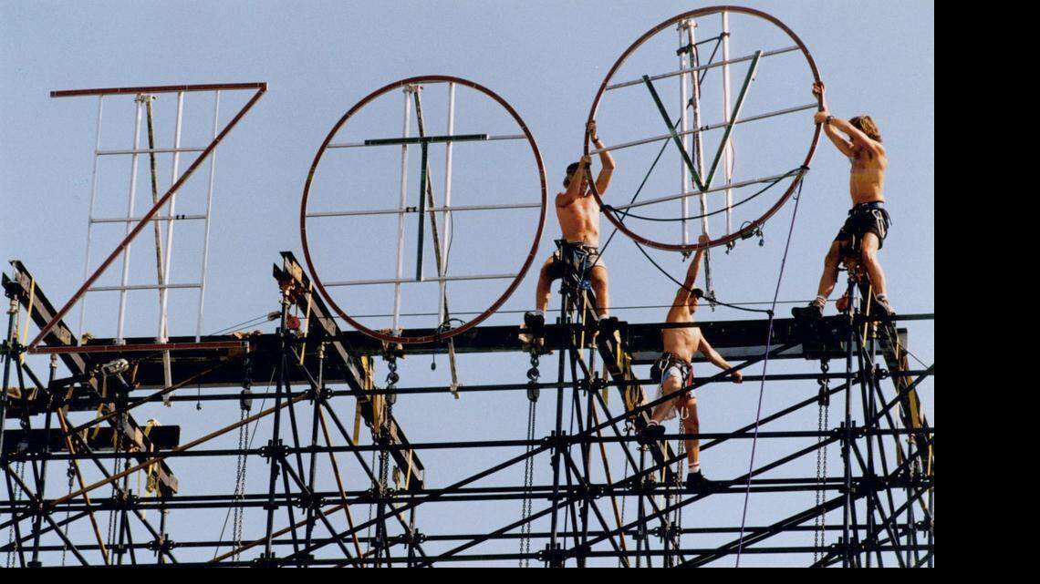 
Workers put together the last pieces for U2 concert at Williams-Brice Stadium in 1992.
