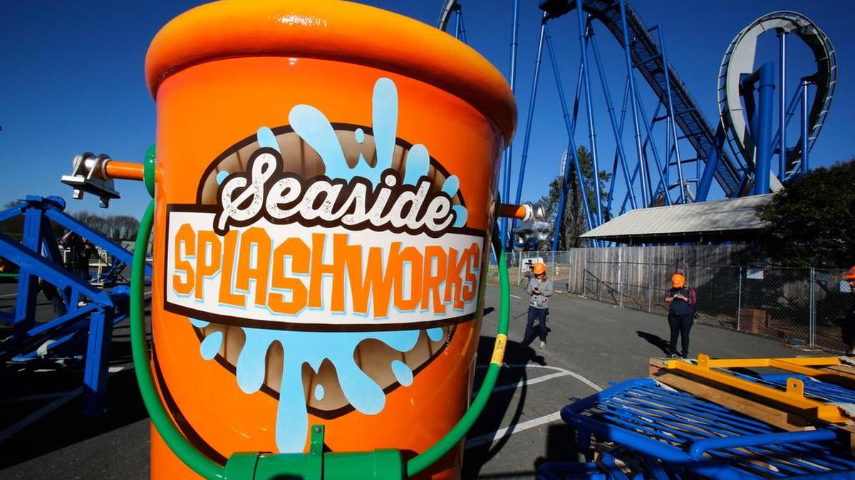 A tour of the Carolina Harbor Water Park under construction at Carowinds Wednesday. A 432-gallon tipping bucket will drop water on kids in the Seaside Splashworks area of the water park.