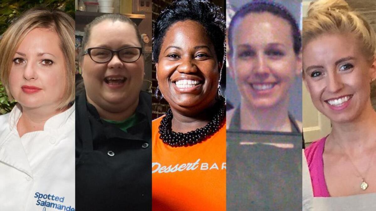 From left: Chef Jessica Shillato (Spotted Salamander), Chef Blythe Kelly (Cellar on Greene), Chef Shennice Cleckley (My Dessert Bar), Chef Erin Nobles (Silver Spoon Bake Shop), Chef Sarah Grace Allen (Momma Rabbit’s Nibbles and Sips)