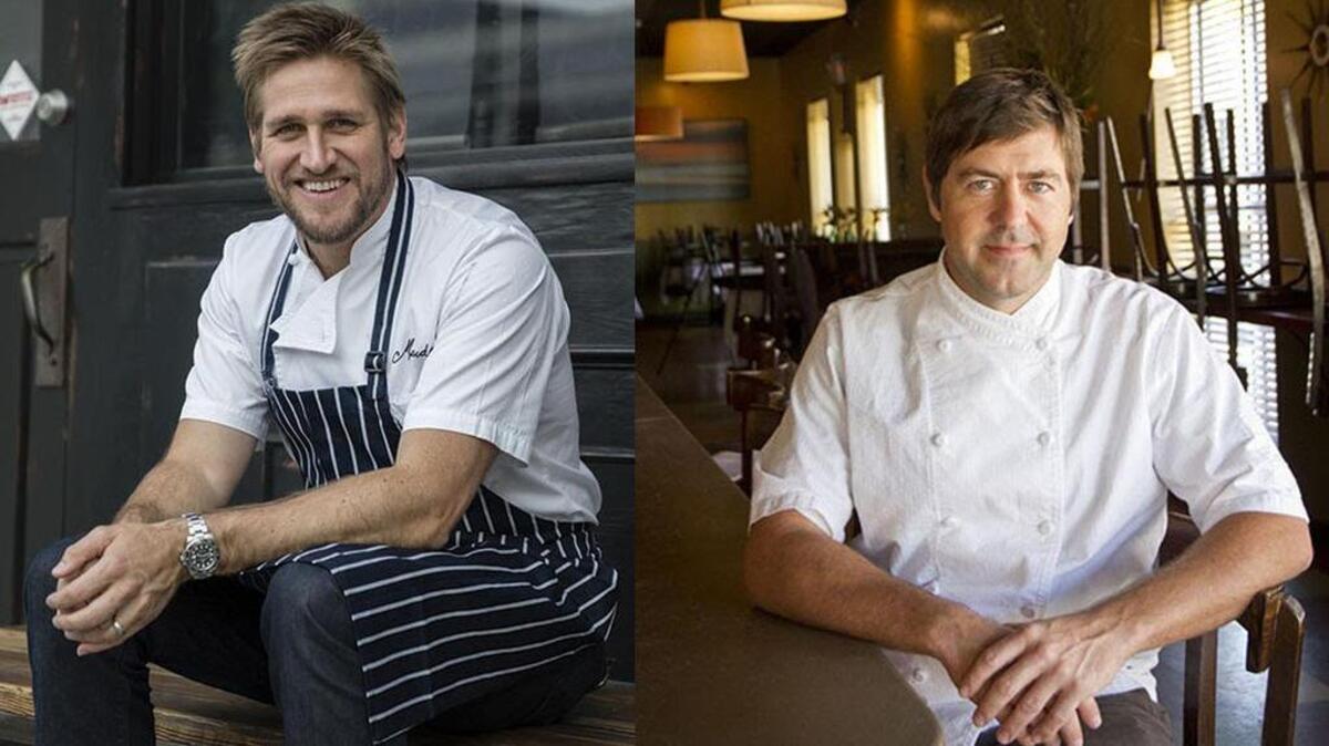 Chef Curtis Stone, left, will kick-off dinner series in Beverly Hills benefiting the next generation of farmers with guest Chef Mike Lata, right, of FIG and The Ordinary.