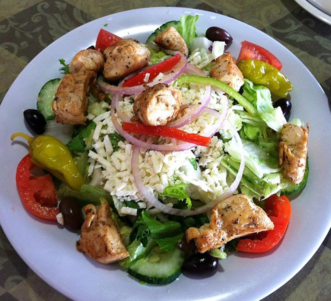 Greek salad with chicken at Pontiac House of Pizza