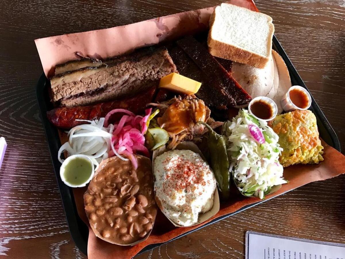 The full lineup of meat and sides at Lewis Barbecue.