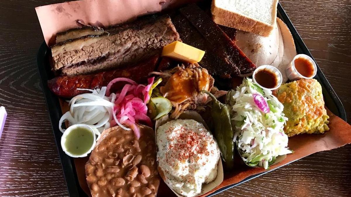 The full lineup of meat and sides at Lewis Barbecue.
