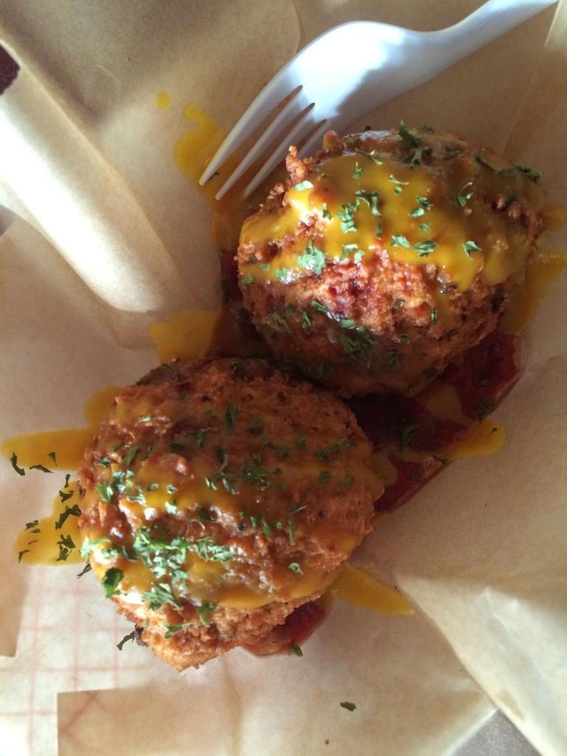 Not afraid to experiment, Will Lacey serves up his version of arancini, using Charleston red rice, pulled pork, cheddar cheese, peppers and chili formed into balls, breaded and deep fried and served with tomato jam and Lacey’s yellow mustard sauce.