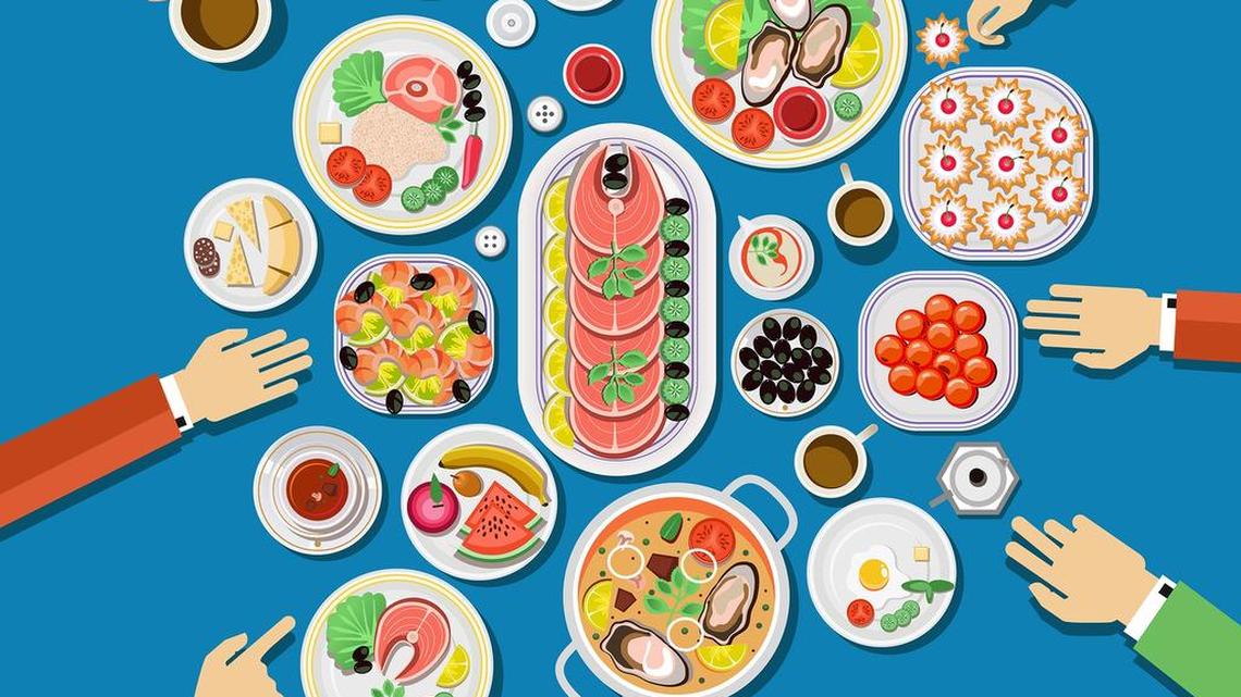 Сatering party with people hands and a table of dishes from the menu, top view. Vector flat illustration.Catering business