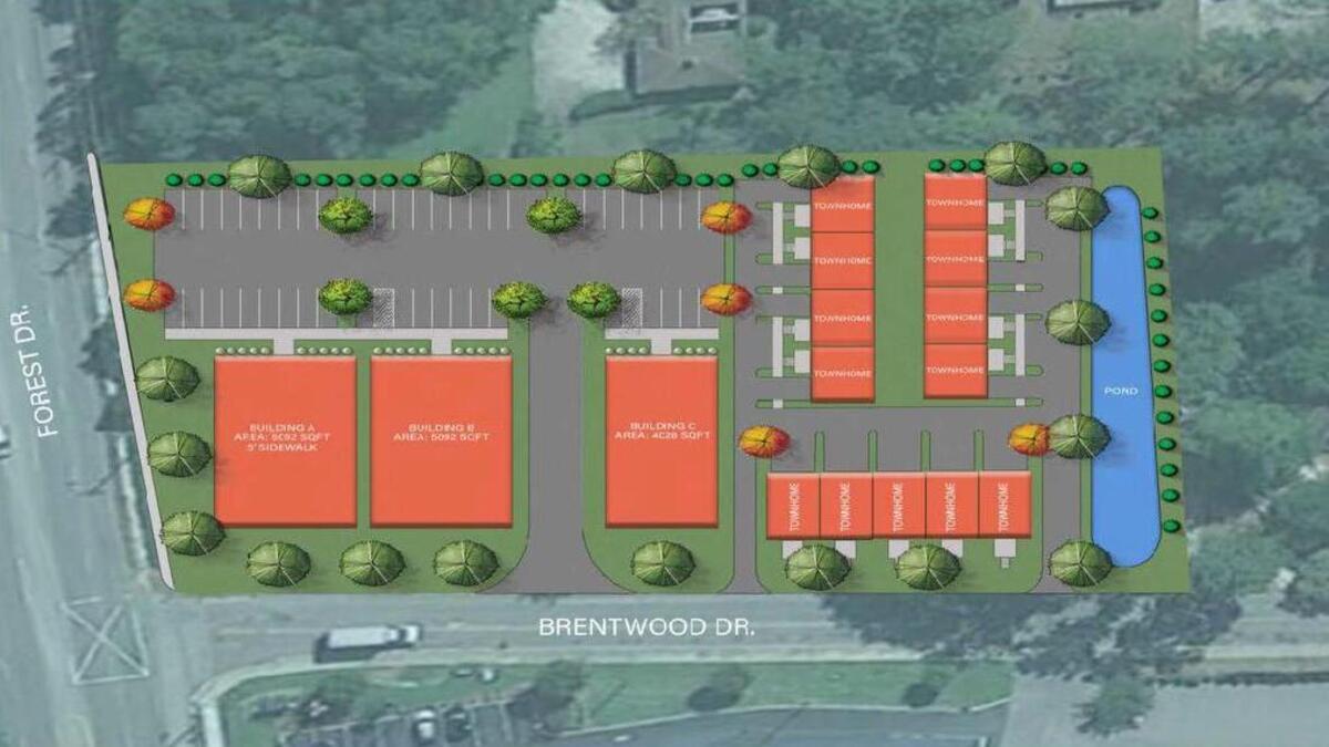 The proposed development for the corner of Brentwood Drive and Forest Drive includes three commercial buildings and 13 townhomes. A small pond would serve as a boundary along the lower end of the property.