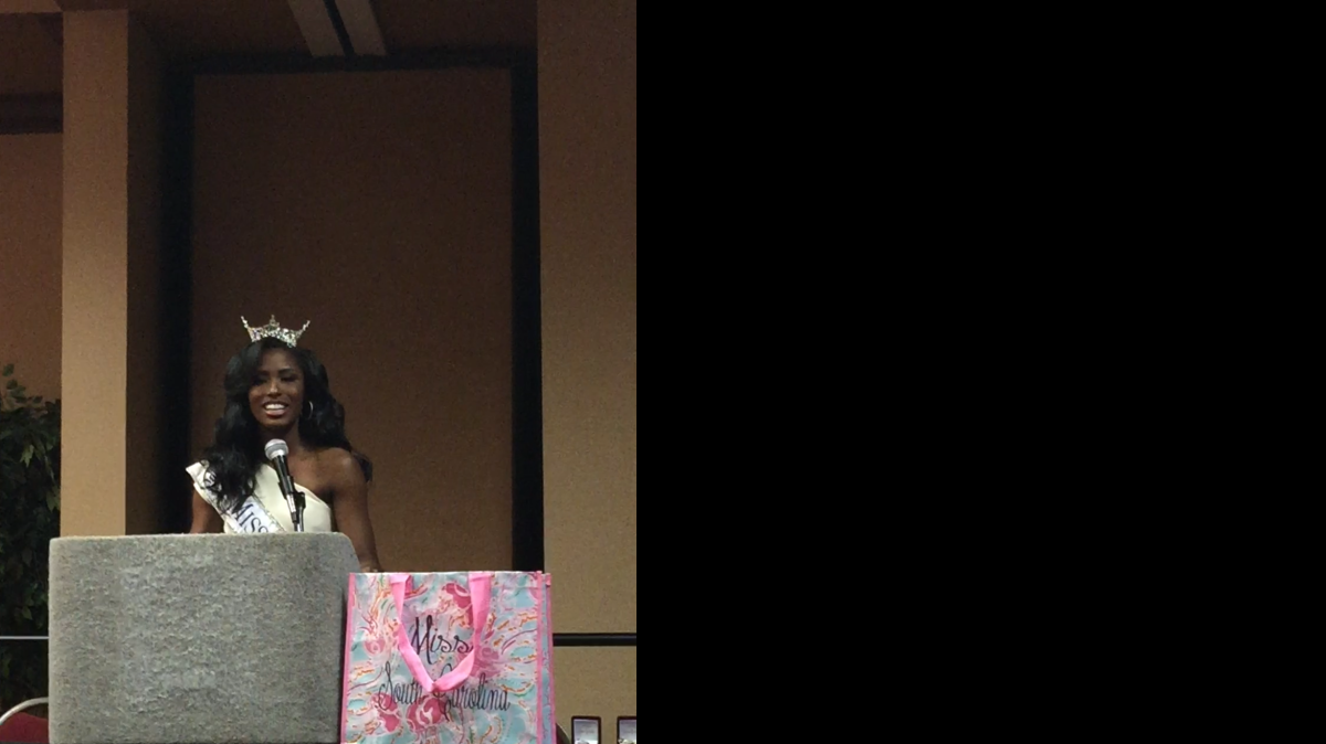 
Miss South Carolina Daja Dial at a news conference Sunday. The Miss Greenville County contestant from Spartanburg won the crown Satuday.
