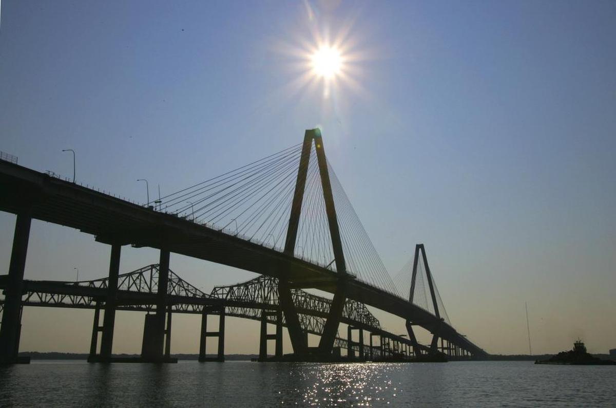 The Arthur Ravenel Bridge nears completion as seen from the harbor in 2005