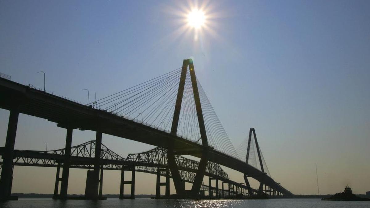 The Arthur Ravenel Bridge nears completion as seen from the harbor in 2005