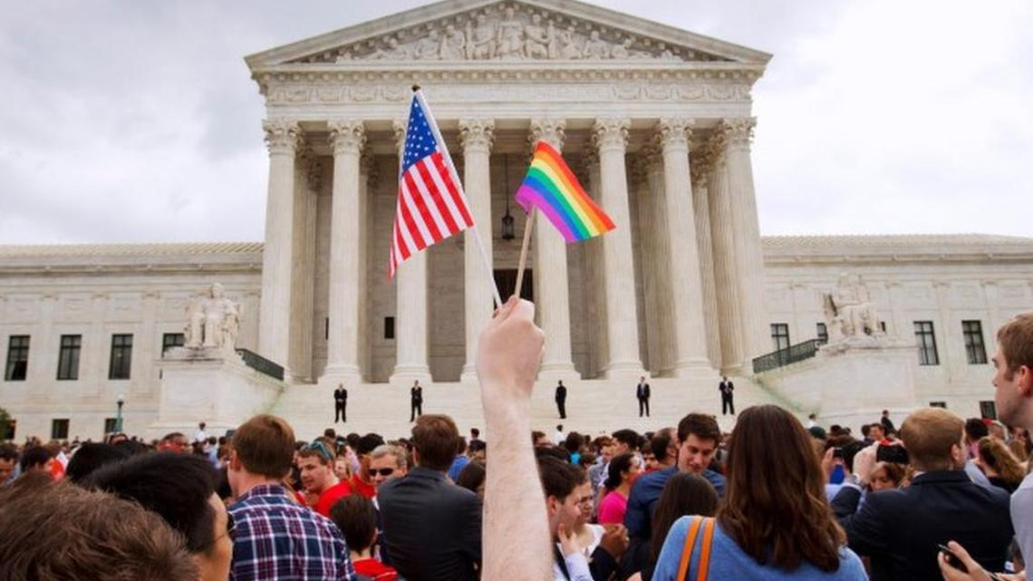 
Crowd gathered outside U.S. Supreme Court after June 26 ruling on same-sex marriage.

