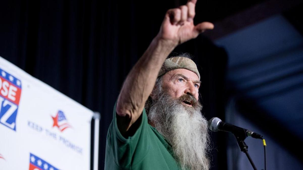 Phil Robertson of the ‘Duck Dynasty’ reality television program speaks at a rally for GOP presidential candidate Ted Cruz in February at Eagle Aviation Hangar in Columbia. Robertson has again clouded NASCAR’s image as a sport trying to remove itself from its divisive stereotypes. Robertson called for a ‘Jesus man in the White House’ during what was supposed to be a simple prayer before the race at Texas Motor Speedway April 9.
