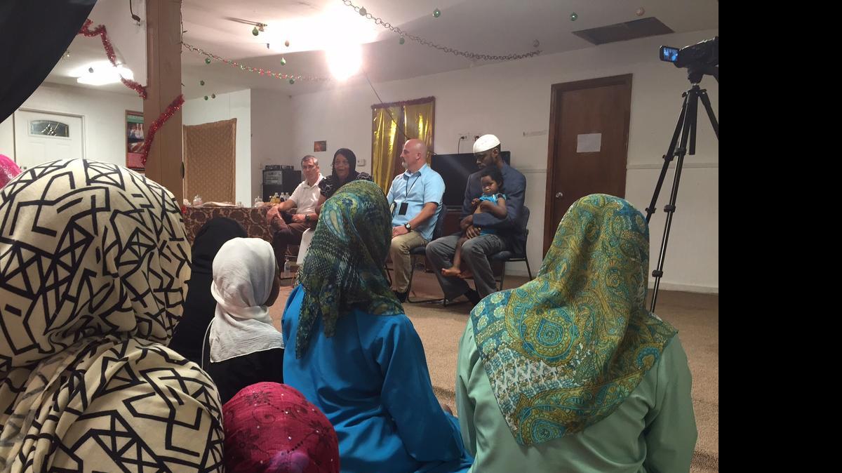 
Residents and worshipers of Holy Islamville near York on Tuesday heard from the FBI and the York County Sheriff’s Office on issues arising after last month’s mass shooting at an historically black church in Charleston. Speaking, from left, were FBI Special Agent Devon Mahoney; Denise Taiste, public affairs officer for the FBI’s Columbia field office; York County Sheriff’s Detective Bob Hamilton; and Sayeed Shakir, mayor of Islamville. 
