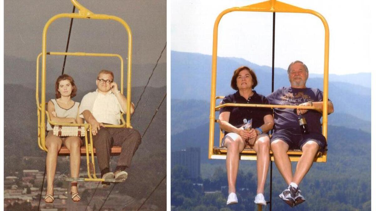 Carolyn and Delbert Makel ride a chairlift in Gatlinburg, Tennessee, on their honeymoon in 1966, left, and in 2012.