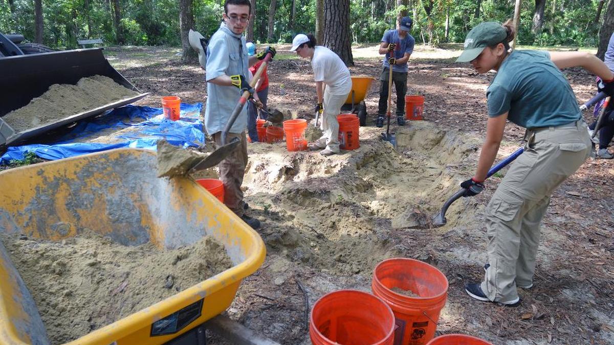 Binghamton University archaeology students Dylan Davis and Chelsea Cunico remove sand used to cover the site of last year's dig at the center of the Native American shell ring in the Sea Pines Forest Preserve on Tuesday. The group of student archaeologists and volunteers has returned to resume a dig they began last summer at the 4,000-year-old site.