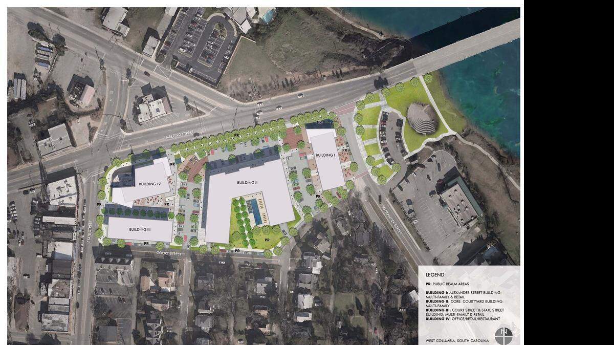 
Mini-parks and a plaza open to the public are included in this rendering of a preliminary plan for a West Columbia development near the Congaree riverfront. 
