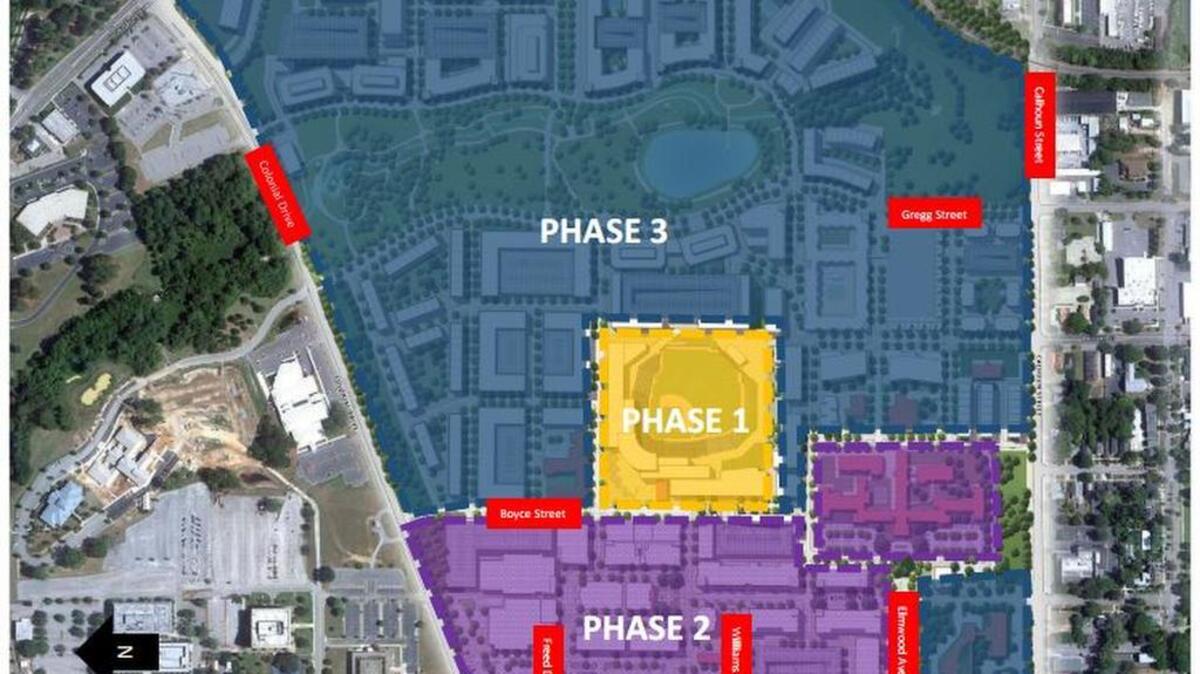 The most recent rendering of the planned phases of construction at the Bull Street property show where each of the three phases will be on the 181-acre site.