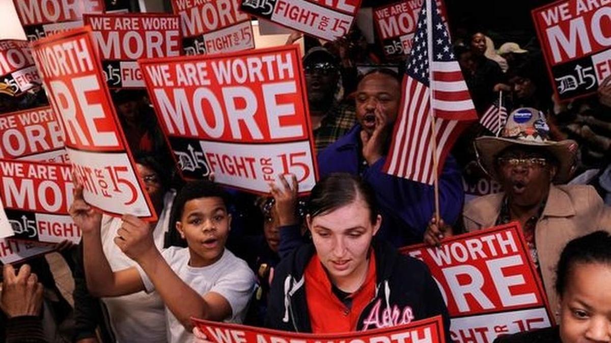 Protesters in a Detroit McDonald's call for a $15 an hour wage in April.Protesters in a Detroit McDonald's call for a $15 an hour wage in April.