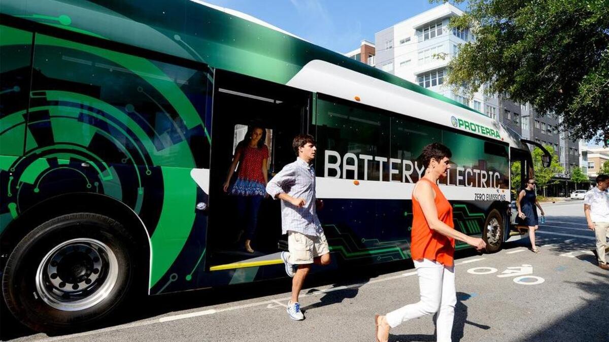 A bus similar to this one is on display this week in Philadelphia at the Democratic National Convention. The electric-powered bus is made by Proterra in Greenville.