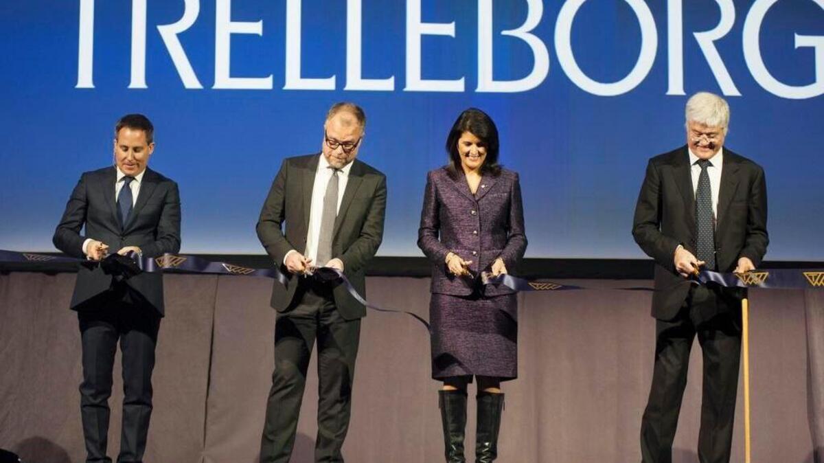 Governor Nikki Haley joins Trelleborg President of Agricultural and Forestry Tires Paolo Pompei, Chief Financial Officer Ulf Berghult, and Trelleborg President Maurizio Vischi in the ribbon cutting at Trelleborg Wheel Systems in Spartanburg on Wednesday