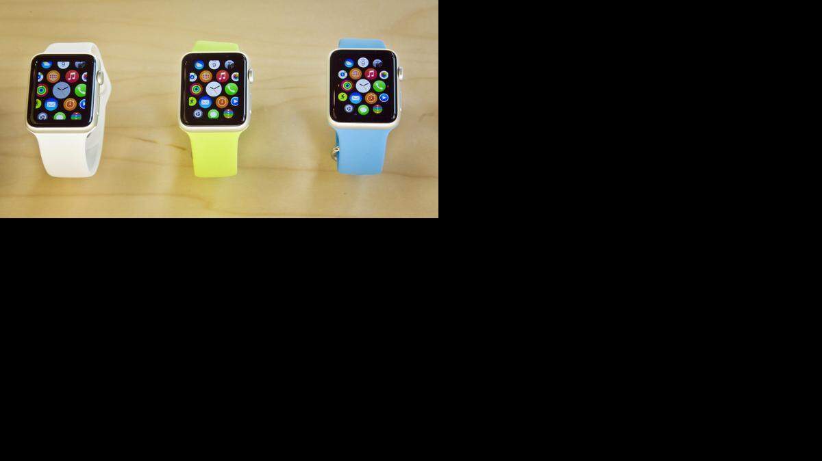 
Apple Watches appear on display in New York. 

