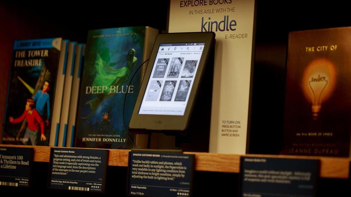 A Kindle is displayed in the Amazon Books store in Seattle’s University Village neighborhood.