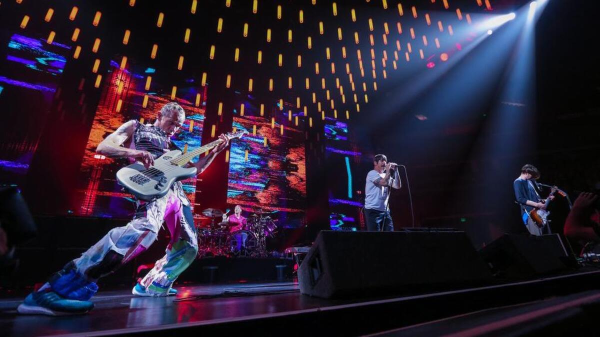 The Red Hot Chili Peppers play for their fans at the Colonial Life Arena in Columbia in April. Lead singer Anthony Kiedis, Flea, the bassist, the drummer Chad Smith and guitarist Josh Klinghoffer.