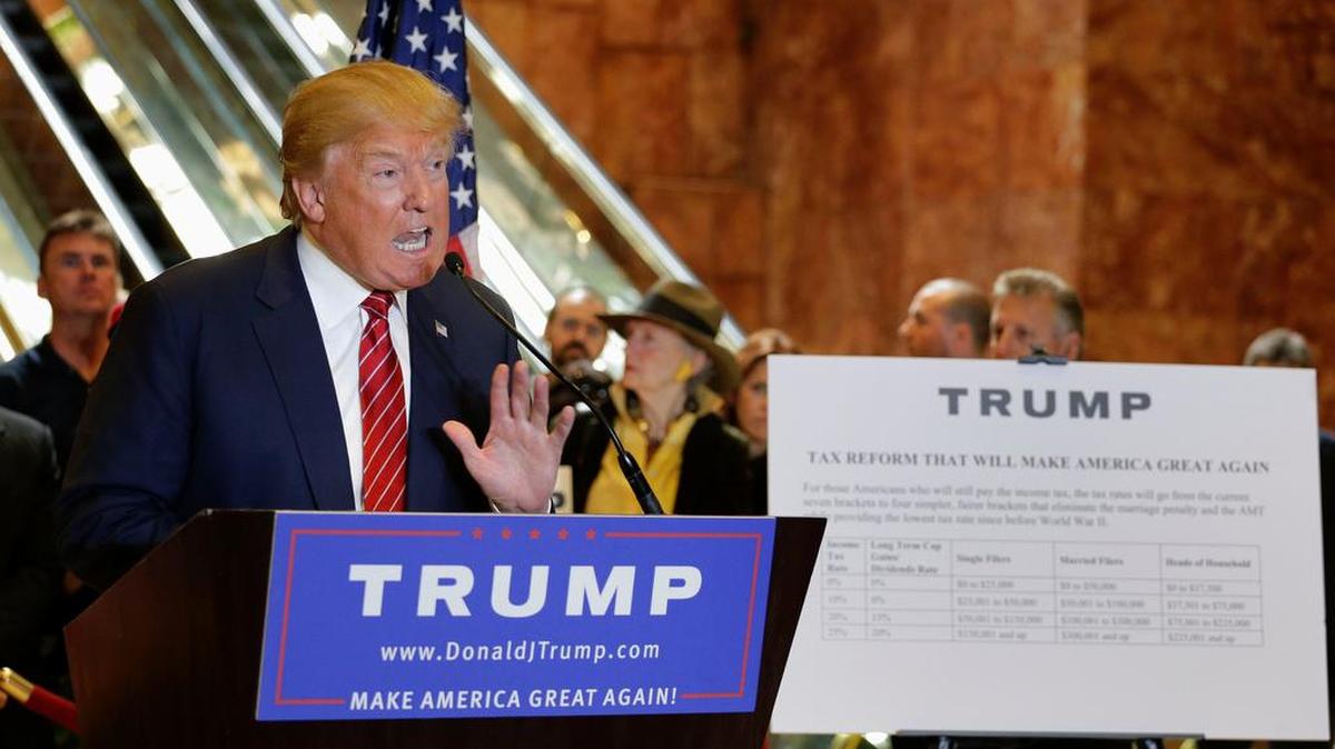 
GOP candidate Donald Trump talks about his tax plan Monday during a news conference in New York. 
