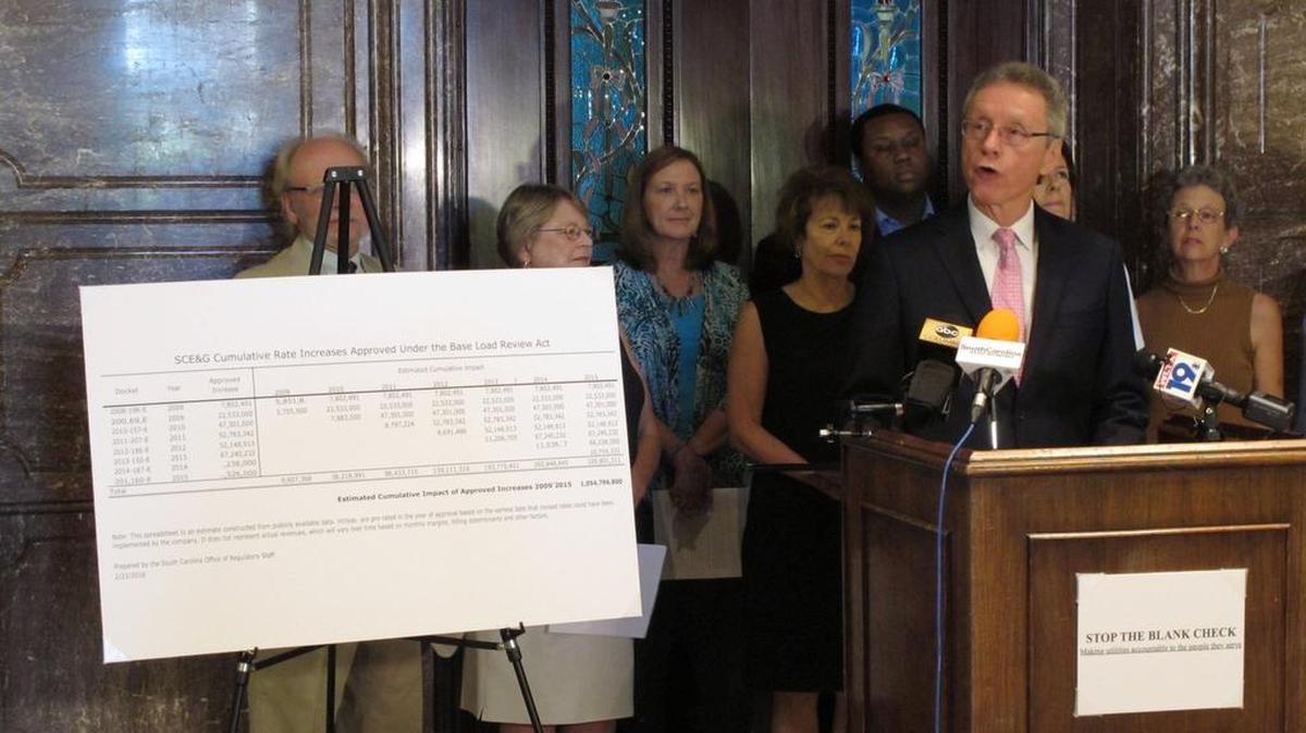 South Carolina Small Business Chamber of Commerce President Frank Knapp announces his organization is joining a group of environmental and social work organizations to oppose a rate increase by South Carolina Electric & Gas to pay for cost overruns on two new nuclear plants. The nuclear plants are $4 billion over budget and years behind schedule.