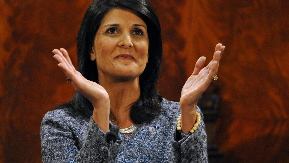 South Carolina Gov. Nikki Haley applauds members of the gallery as she delivers her State of the State address to the joint session of the legislature on Wednesday, Jan. 22, 2014 at the Statehouse in Columbia, S.C. (AP Photo/Rainier Ehrhardt)