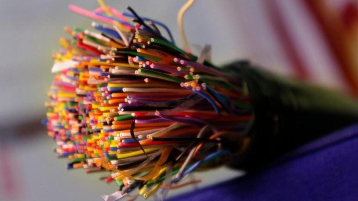 A bundle of insulated copper telephone cables.