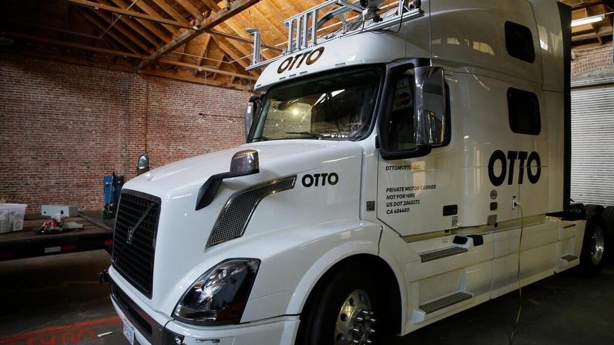 An Otto driverless truck at a garage in San Francisco.