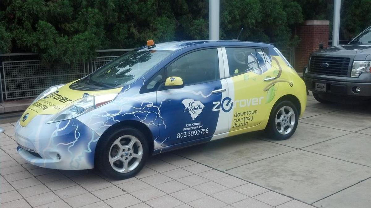
A Nissan Leaf electric car used as a security shuttle in the City Center Partnership’s efforts to move the Columbia business district more green.

