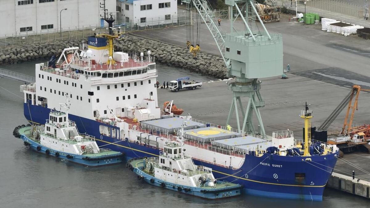 The Pacific Egret, one of the two British-flagged ships arrived in Japan, is anchored at a port in the village of Tokai, northeast of Tokyo, Monday morning, March 21, 2016, to transport a cache of plutonium worth dozens of atomic bombs to the U.S. for storage under a bilateral agreement. Japan's Kyodo News agency said the two armed ships, operated by Pacific Nuclear Transport Ltd., showed up early Monday on the coast of Tokai, home to the country’s main nuclear research facility, Japan Atomic and Energy Agency.