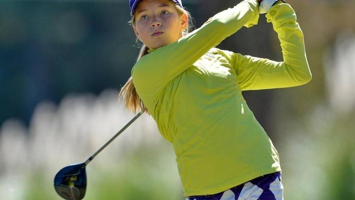 Buggy Reinke, a student at Northwestern High School in Rock Hill, tees off during the AAAA Upper State golf tournament Oct. 19 in Simpsonville. Buggy who has only been playing golf for less than a year, plays in honor of her father Staff Sgt. Gavin B. Reinke who died in Iraq May 4, 2006.