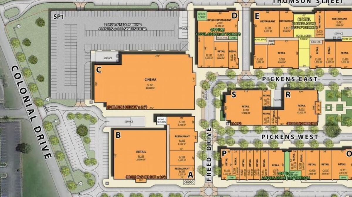 A rendering of the Bull Street redevelopment project showing the proposed theater – “cinema” – and its adjacent 4-story parking garage.