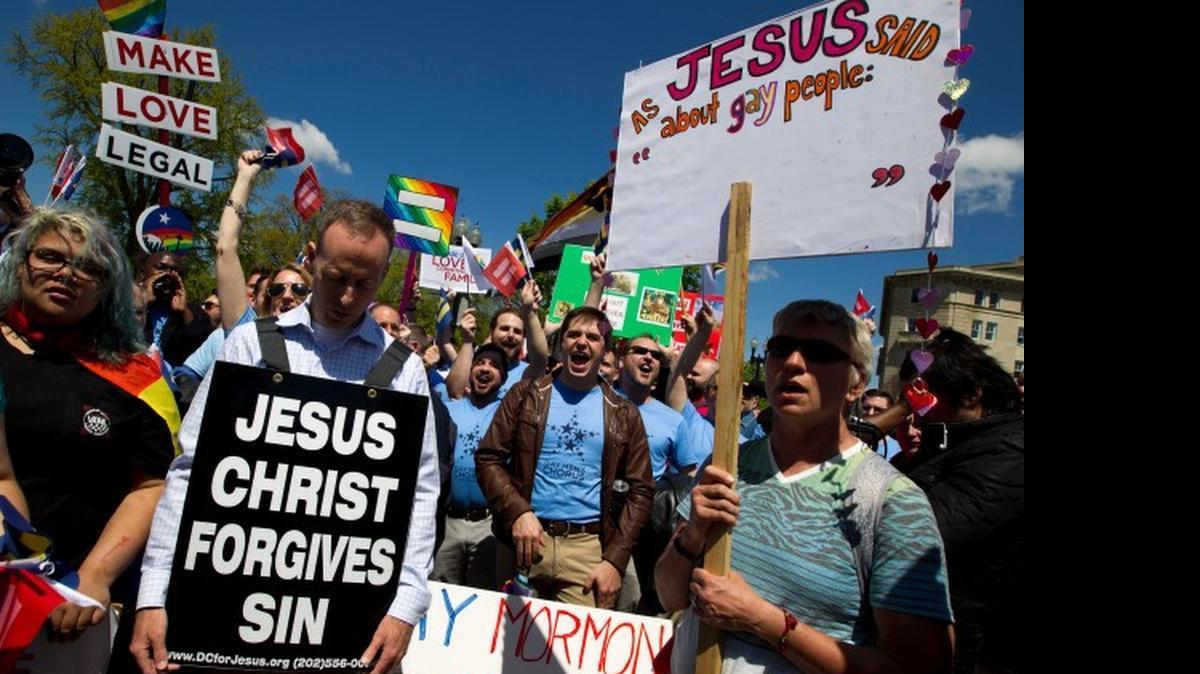 
Demonstrators for and against gay marriage rallied in front of the Supreme Court in Washington on Tuesday. The Supreme Court heard historic arguments in cases that could make same-sex marriage the law of the land.
