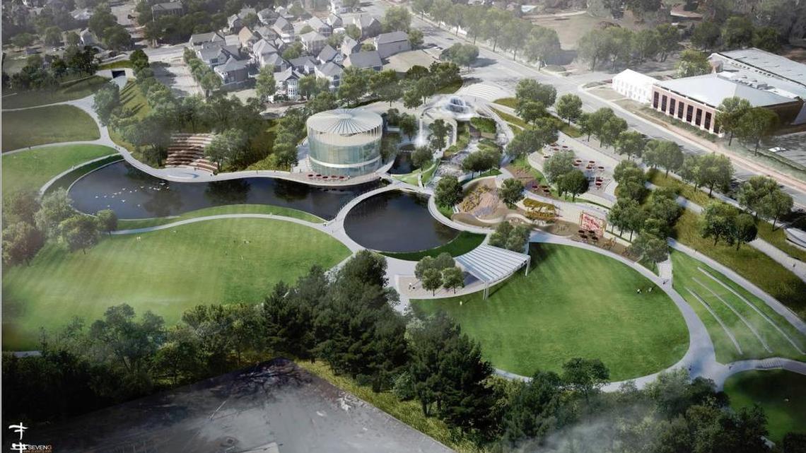 An artist rendering shows an aerial view of a $20-plus million renovated Finlay Park.