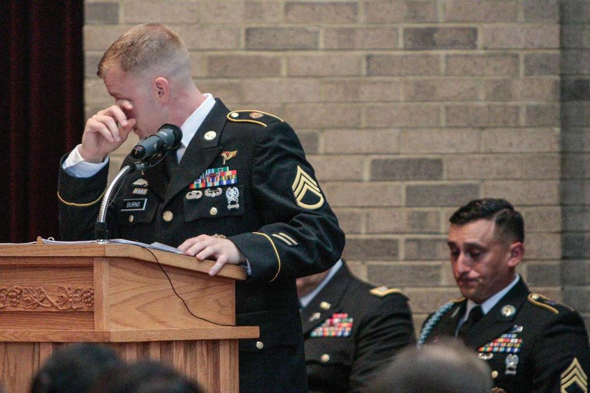 Staff Sgt. Shawn Burns reflects on his friend, Sgt. 1st Class Jonathon Prins, during a memorial service at Fort Jackson. Prins, who was a drill sergeant at Fort Jackson, and Sgt. 1st Class Charles Judge Jr. were shot and killed at a Chapin bar when they attempted to help a woman who was being attacked. July 29, 2016