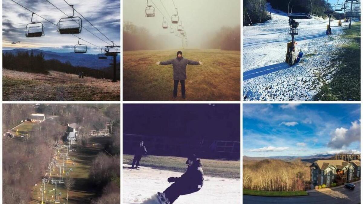 A collection of Instagram photos by recent visitors to Western North Carolina ski resorts shows the poor skiing conditions brought on by unseasonably warm weather. Clockwise from top left: At the top of Beech Mountain on Sunday by Dani Fox Fraser; Max Pizzolante in front of an empty chair lift at Sugar Mountain Resort posted on Monday; Cataloochee Ski Area in Maggie Valley on December 10 by Garrett Teagle; Echota Resort in Boone on Sunday by Caleb Courson; Hector Hurtado snowboards down Cataloochee Ski Area Saturday; a webcam photo from www.skisugar.com shows a Sugar Mountain Resort ski lift on Tuesday.