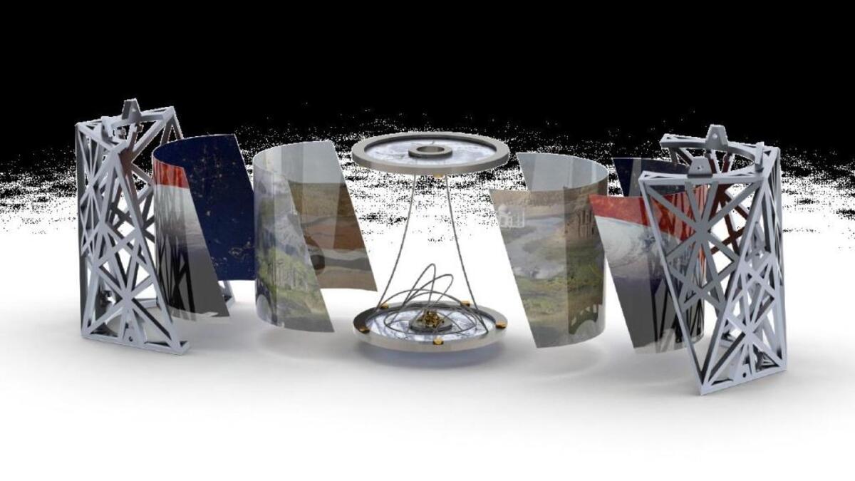 The layers of the “Earth” chamber of the “Moon Ark,” which will carry a collection of art, music, writing, sculpture, technology and more to the moon. Rendered by Zach Schwemler.