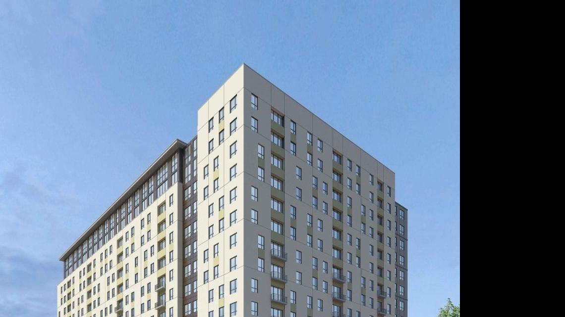 
Rendering of the proposed 15-story student housing tower near the USC campus
