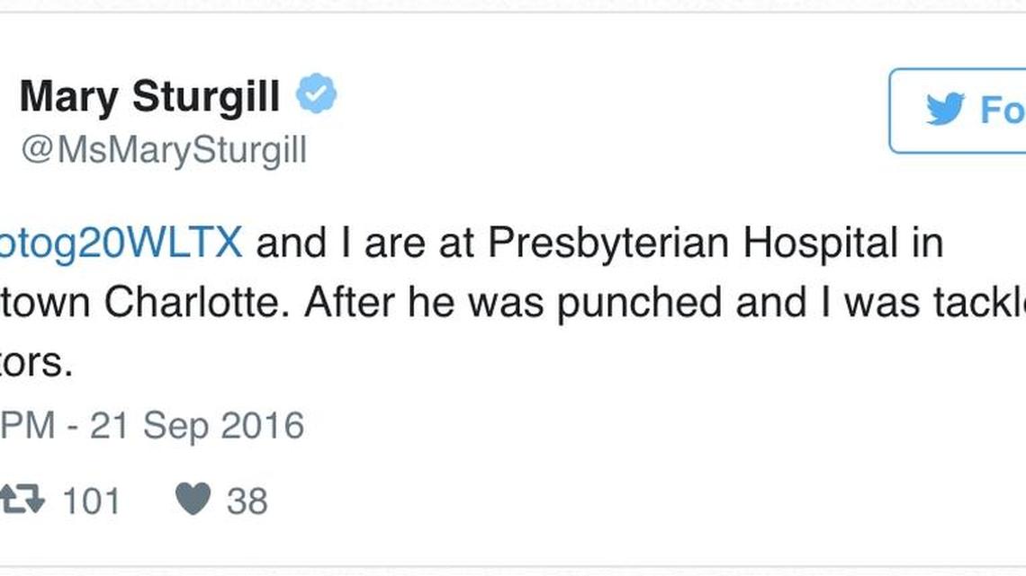 A tweet by WLTX anchor Mary Sturgill from Wednesday, Sept. 21, 2016.