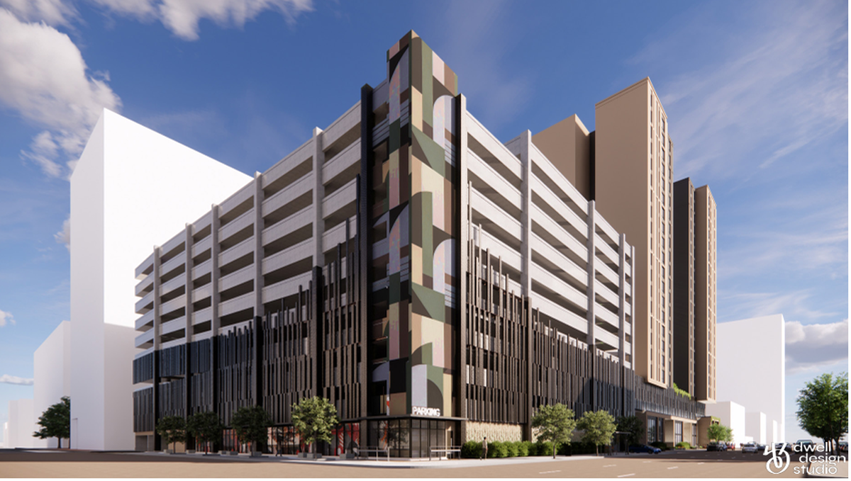 Renderings for planned apartment towers on Columbia’s Main Street, 22 floors for student apartments and 26 floors for market-rate apartments. Developer Core Spaces, which also did The Hub across the street, is behind the project. This is the view of the project from Hampton and Assembly streets.