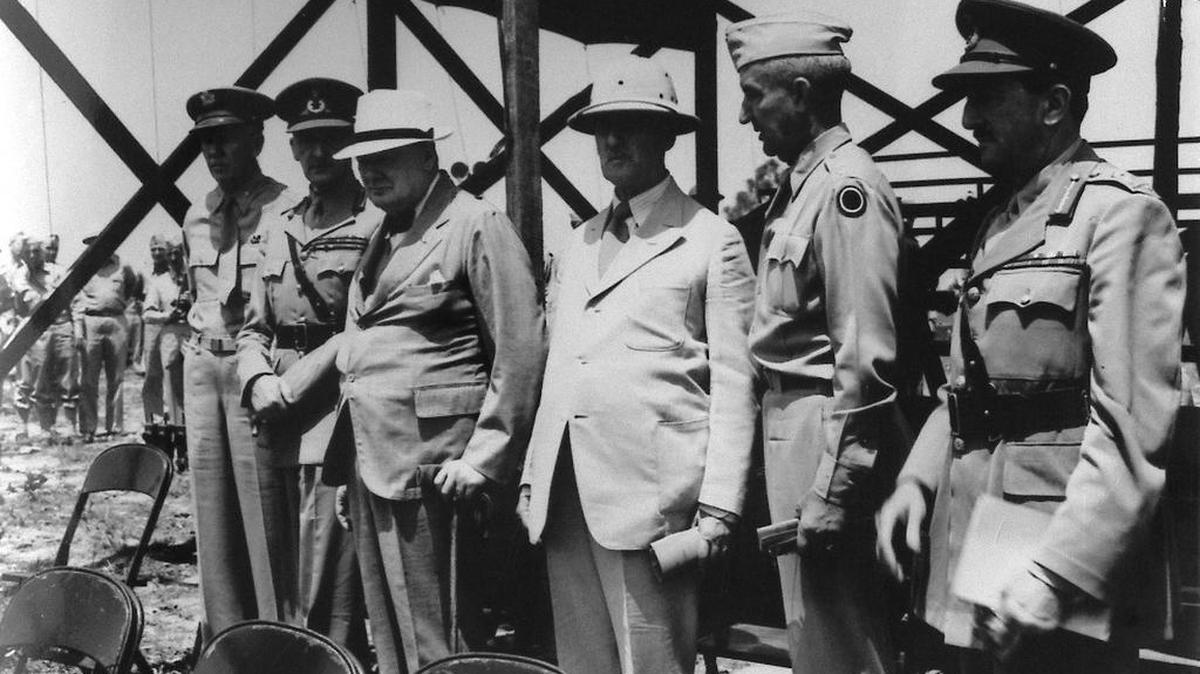 Prime Minister Winston Churchill, third from the left, visited Fort Jackson in June 1942 during the early days of America’s involvement in World War II. The film “Darkest Hour,” which features Churchill during the war’s early days, opens Friday.