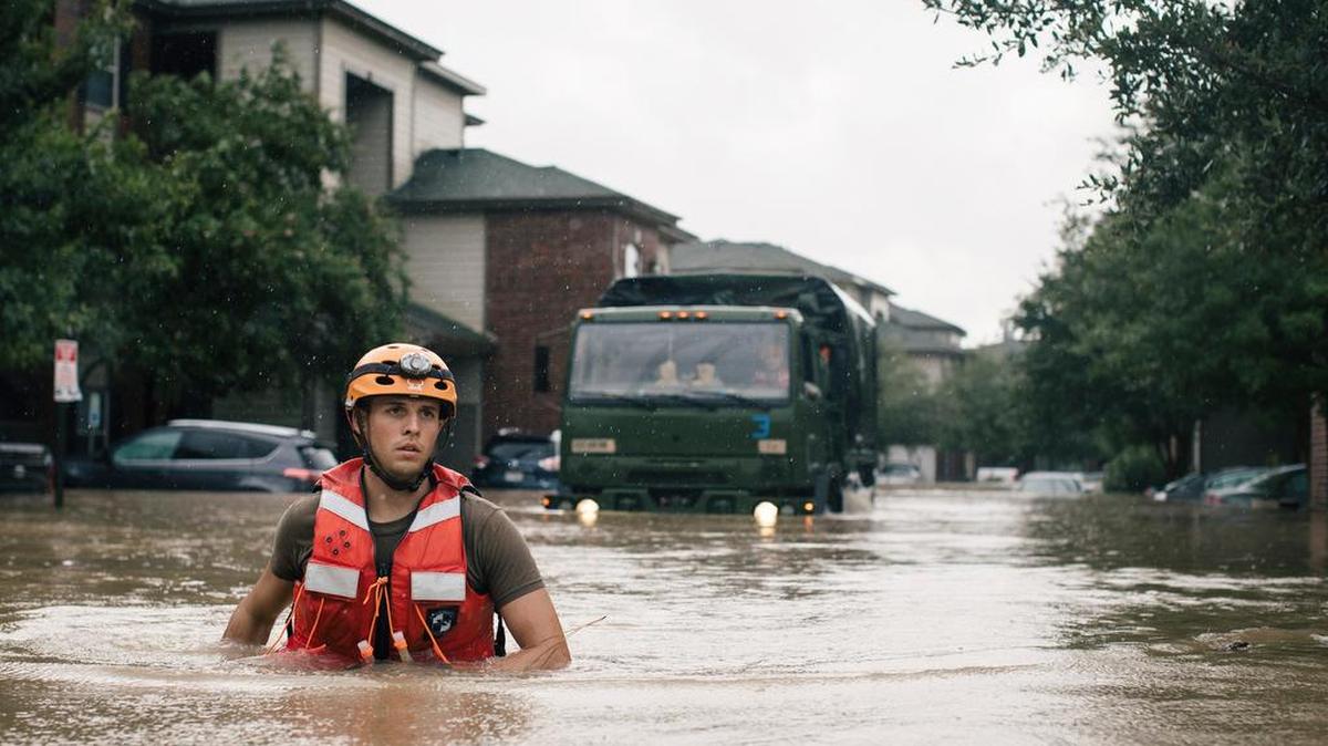 Spc. Brandon Tooley wades through water to escort hurricane evacuees from an apartment complex in West Houston, Aug. 29. (Alyssa Schukar/The New York Times)