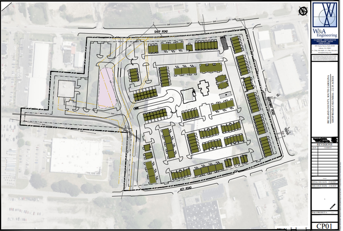 A site plan for 200 new rentals being developed by Landmark Properties at 1401 Shop Road, the former office of The State newspaper.