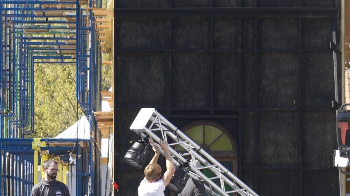 Crews work to build a set for an ABC television show “The Death of Eva Sofia Valdez” at the site of the former J. Edwards restaurant in Myrtle Beach.