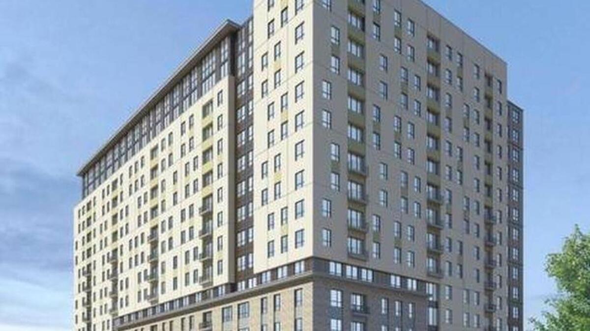 
A rendering of the proposed 15-story student apartment tower on Main Street.
