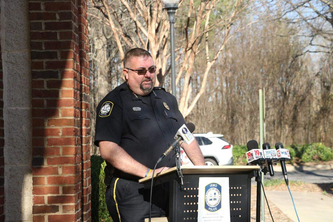 Irmo Police Chief Bobby Dale addresses the arrest of two people who worked at the city’s Green Charter School of the Midlands at a press conference on Feb. 26, 2025.