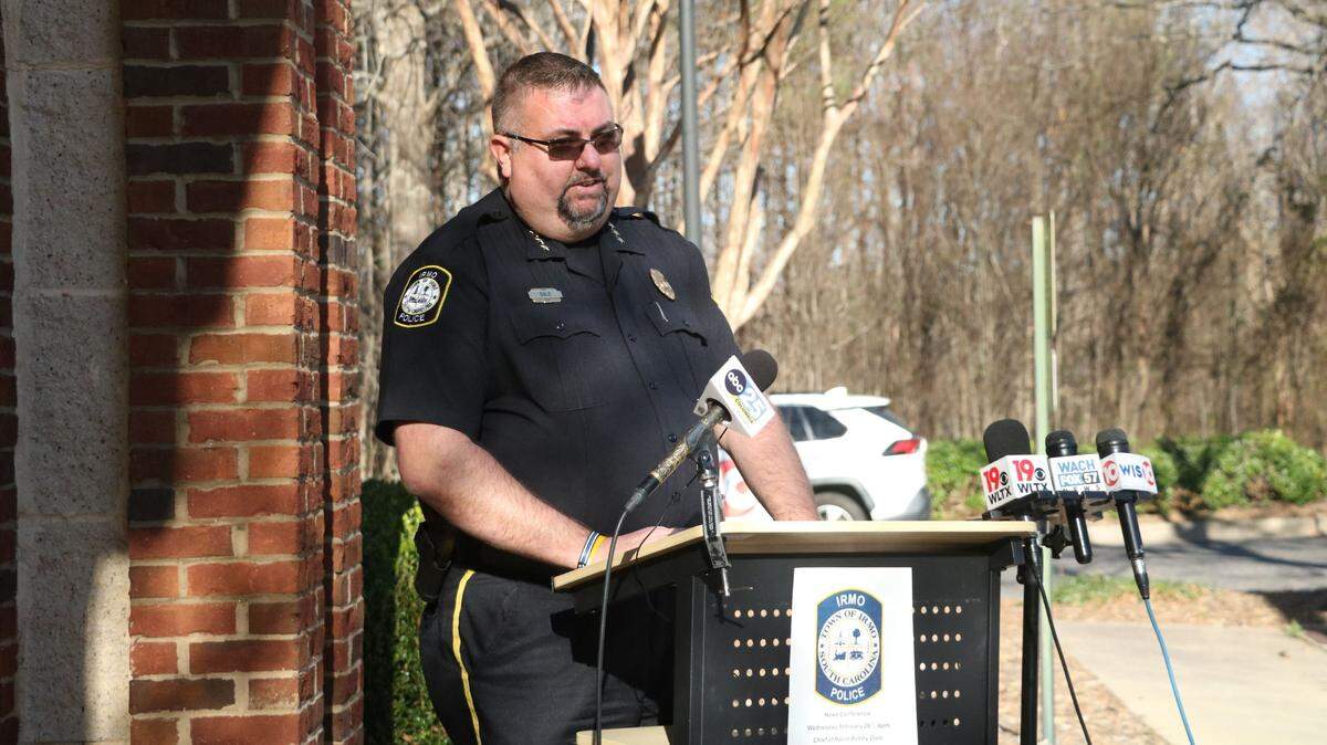 Irmo Police Chief Bobby Dale addresses the arrest of two people who worked at the city’s Green Charter School of the Midlands at a press conference on Feb. 26, 2025.
